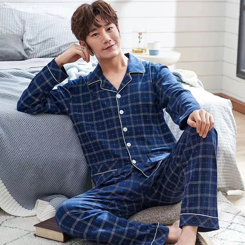 High-End Men's Pajamas, 100% Pure Cotton, Spring, Summer, Autumn, Winter, Long and Short Sleeve, Collar, Middle-aged and Youth Men's Pajama Set